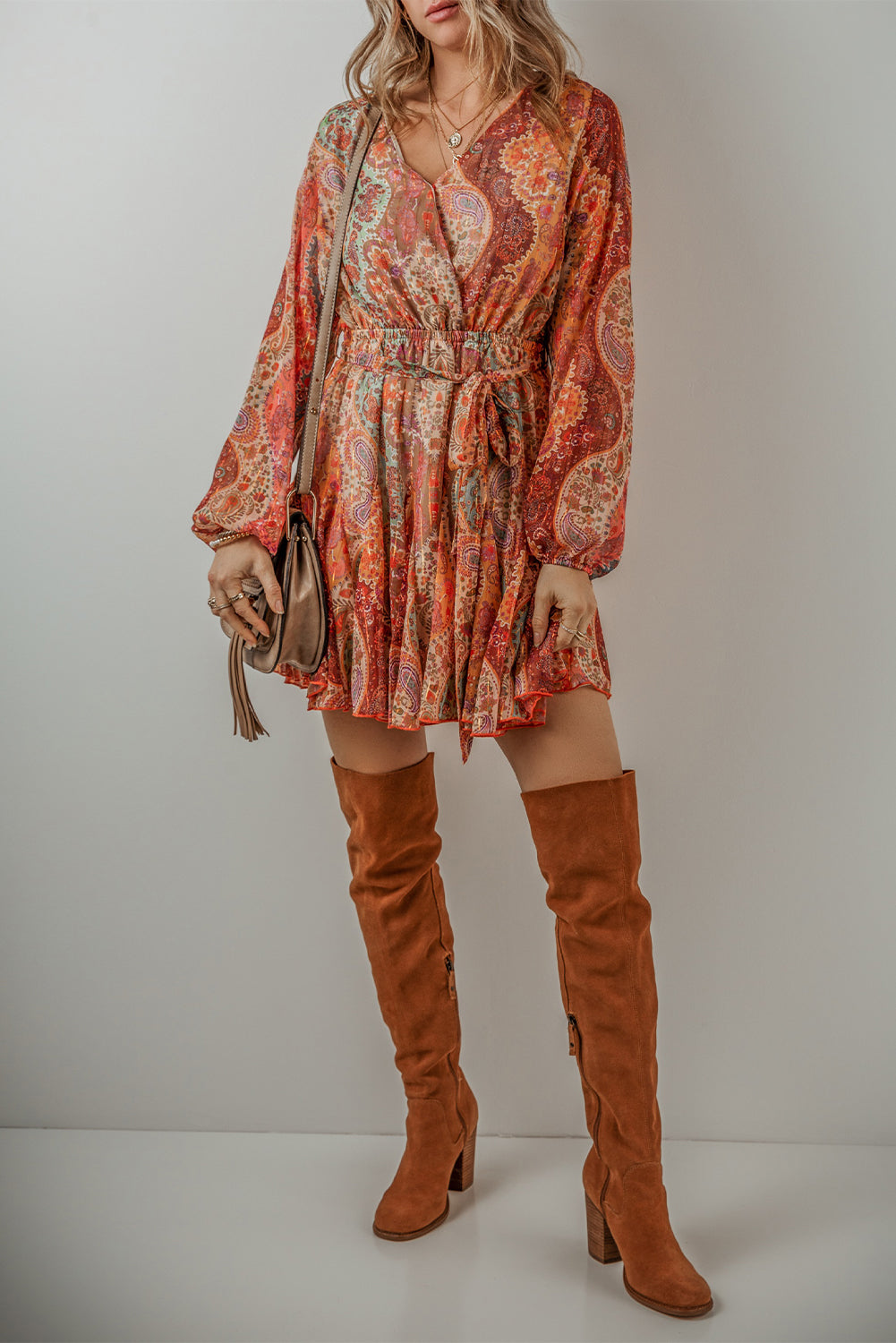 Orange Boho Paisley Print Long Sleeve Pleated Belted Mini Dress - Premium Dresses/Mini Dresses from Momma Done Gone Crafty- Just $64.99! Shop now at Momma Done Gone Crafty