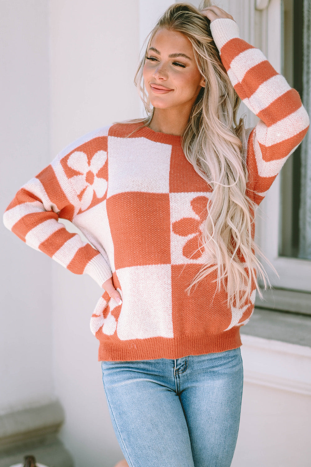Brown Checkered Floral Print Striped Sleeve Sweater - Premium Tops from Momma Done Gone Crafty- Just $31.50! Shop now at Momma Done Gone Crafty