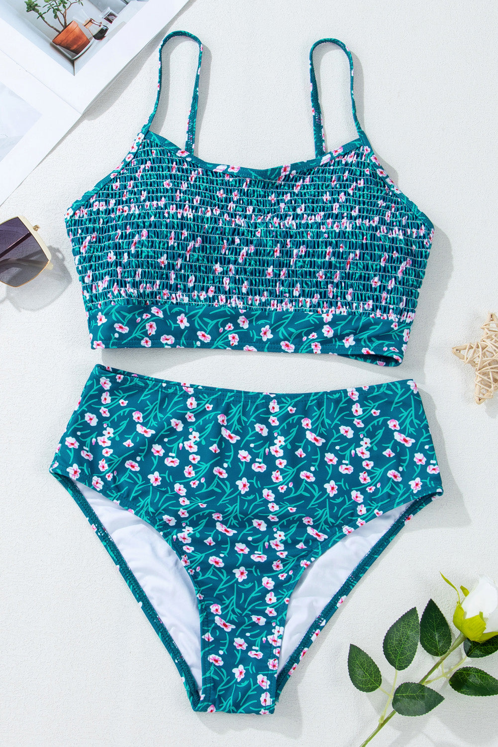 Blue Floral Print Smocked Cute Bikini Set - Premium Swimwear/Bikinis from Ashes 2 Wildflowers Boutique, LLC- Just $29.99! Shop now at Ashes 2 Wildflowers Boutique, LLC