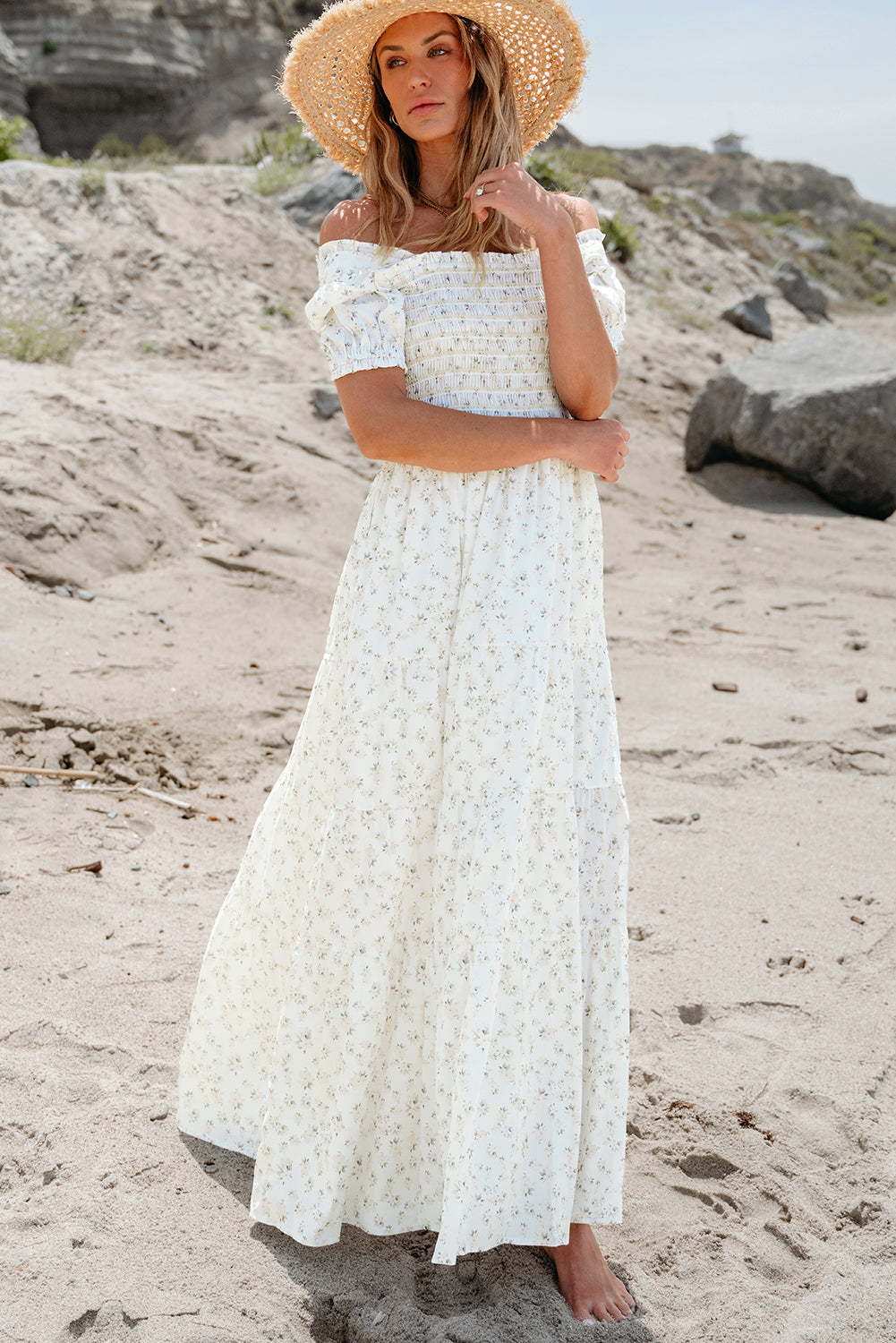 White Frilly Shirred Bodice Tiered Floral Maxi Dress - Premium Dresses/Maxi Dresses from Ashes 2 Wildflowers Boutique, LLC- Just $43.75! Shop now at Ashes 2 Wildflowers Boutique, LLC