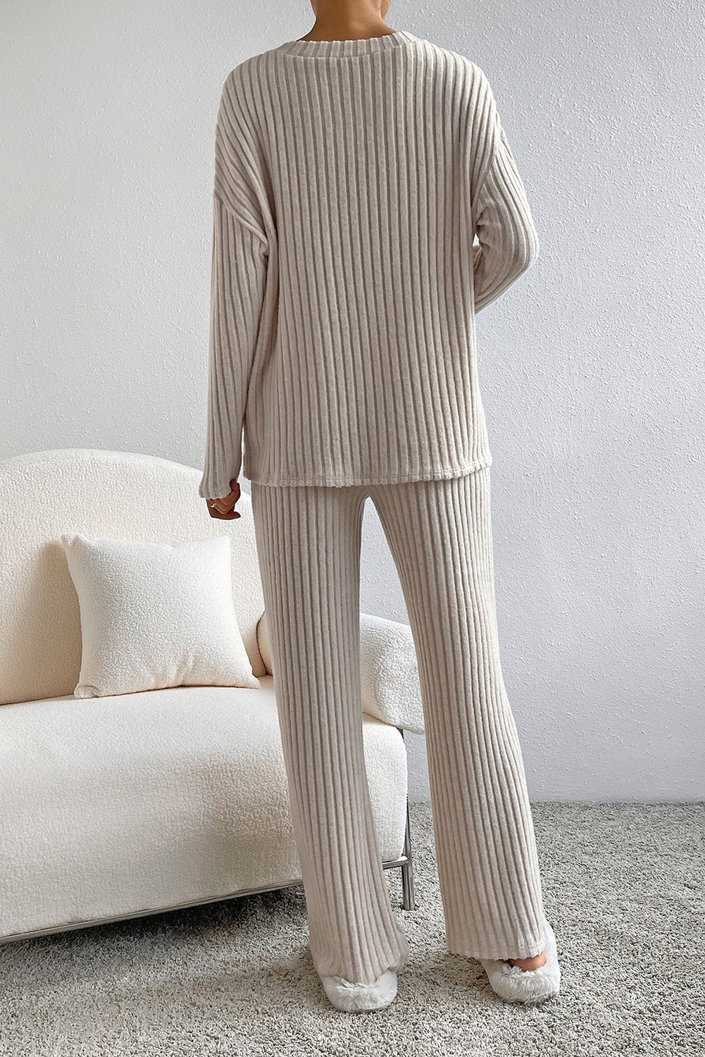 Khaki Ribbed Knit V Neck Slouchy Two-piece Outfit - Premium Loungewear & Sleepwear/Loungewear from Ashes 2 Wildflowers Boutique, LLC- Just $36.20! Shop now at Ashes 2 Wildflowers Boutique, LLC