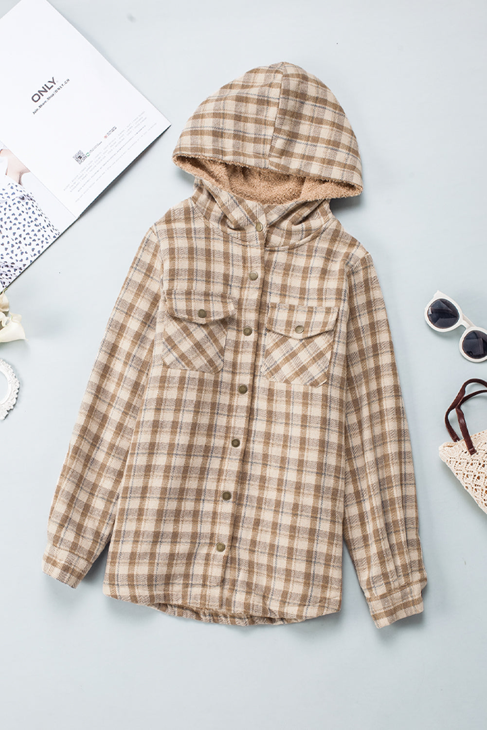 Khaki Plaid Pattern Sherpa Lined Hooded Shacket - Premium Outerwear from Momma Done Gone Crafty- Just $59.94! Shop now at Momma Done Gone Crafty