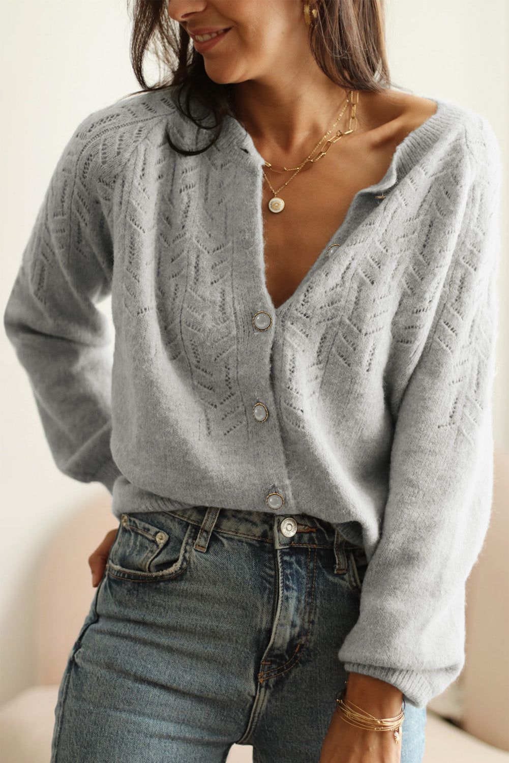 Hollow Out Buttoned Knit Cardigan - Premium Tops from Momma Done Gone Crafty- Just $59.10! Shop now at Momma Done Gone Crafty