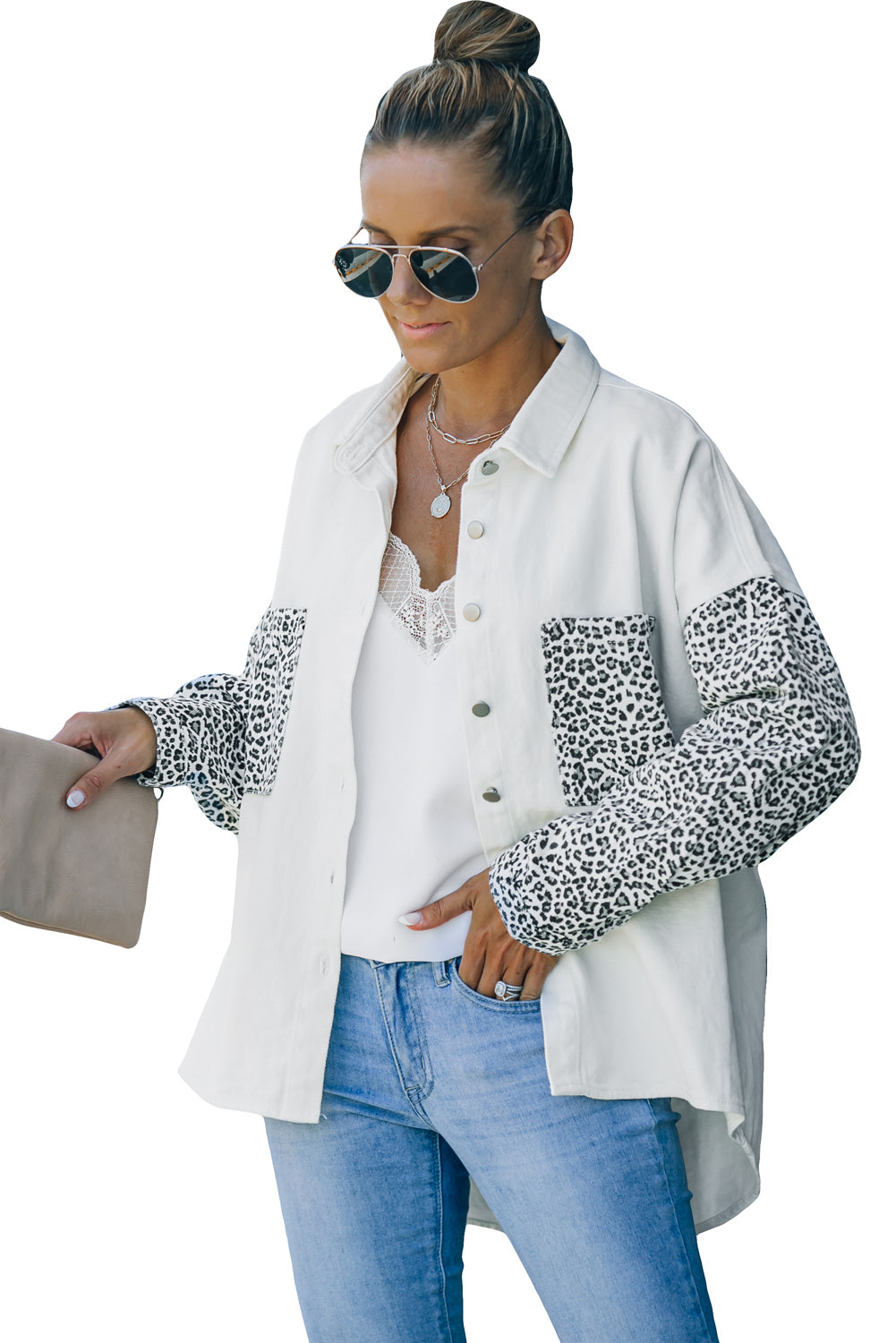 White Contrast Leopard Denim Jacket - Premium Outerwear/Denim jackets from Momma Done Gone Crafty- Just $55! Shop now at Momma Done Gone Crafty