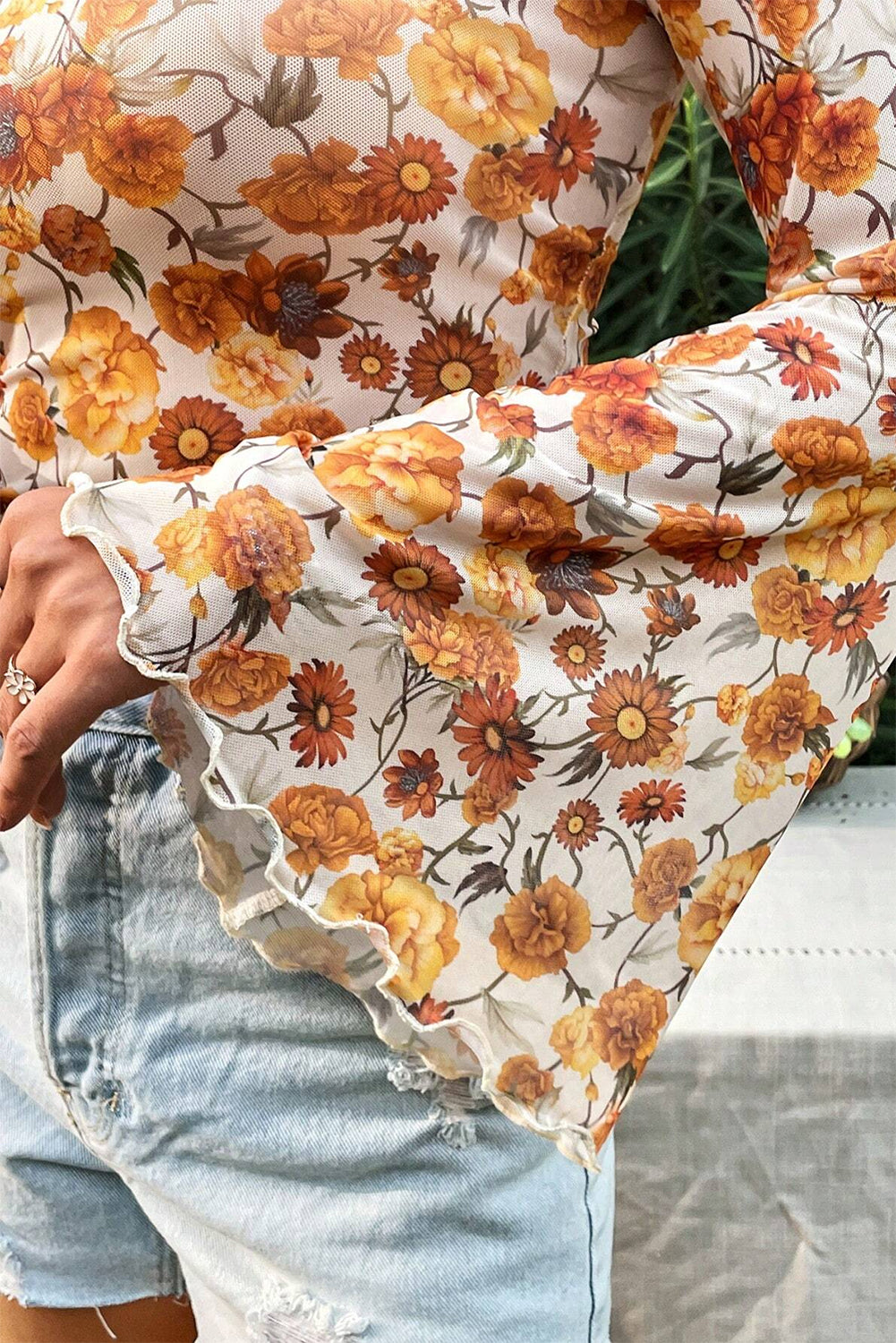 Orange Floral Printed Bell Sleeve Mock Neck Scallop Trim Blouse - Premium Tops/Blouses & Shirts from Ashes 2 Wildflowers Boutique, LLC- Just $24.80! Shop now at Ashes 2 Wildflowers Boutique, LLC