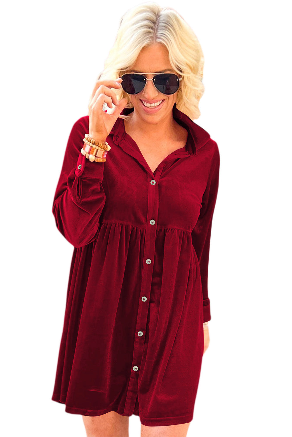 Red Long Sleeve Ruffle Velvet Button Up Dress - Premium Dresses from Momma Done Gone Crafty- Just $39.30! Shop now at Momma Done Gone Crafty