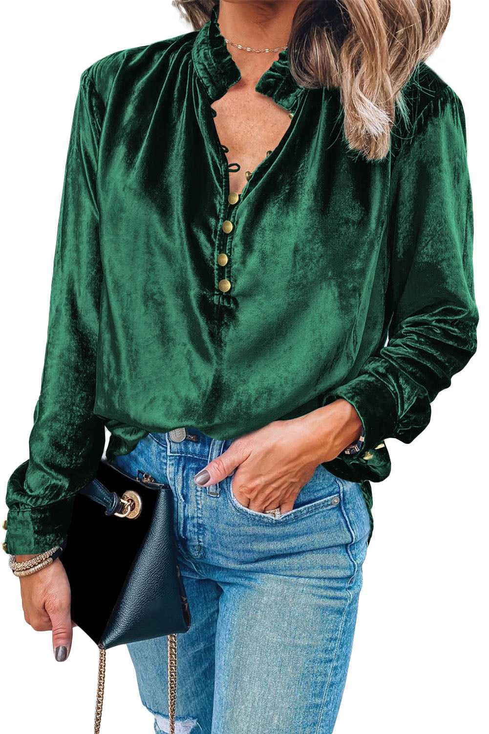 Blackish Green Frilled Neck Buttoned Front Velvet Top - Premium Tops from Momma Done Gone Crafty- Just $40.11! Shop now at Momma Done Gone Crafty