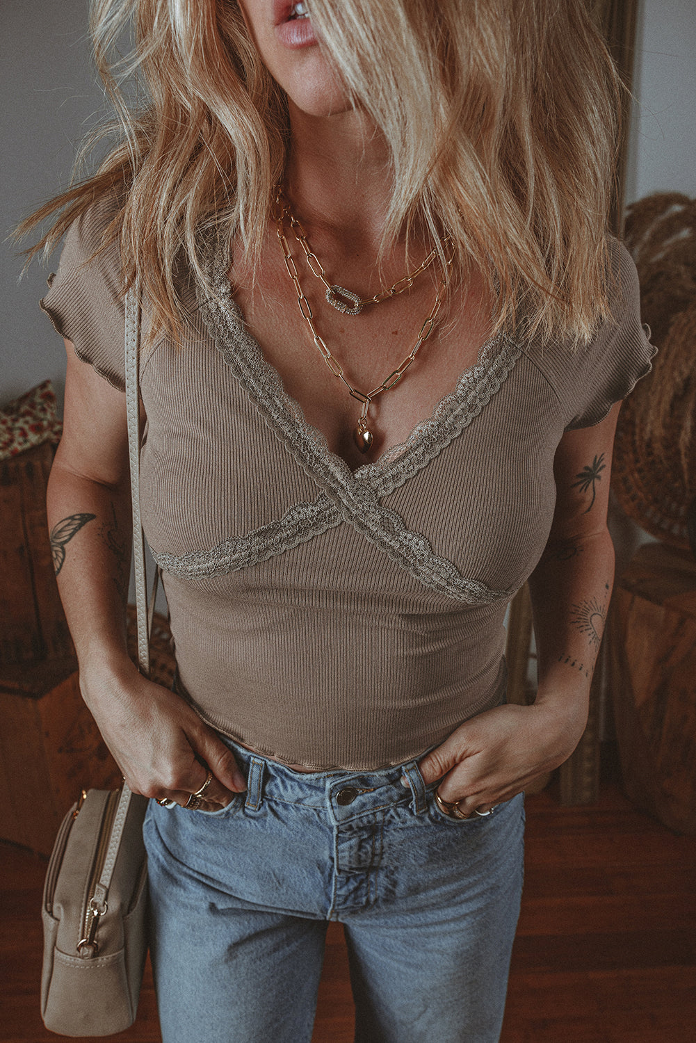 Dark Brown Lace Splicing Criss Cross Slim Fit V Neck T Shirt - Premium Tops/Tops & Tees from Ashes 2 Wildflowers Boutique, LLC- Just $25.48! Shop now at Ashes 2 Wildflowers Boutique, LLC