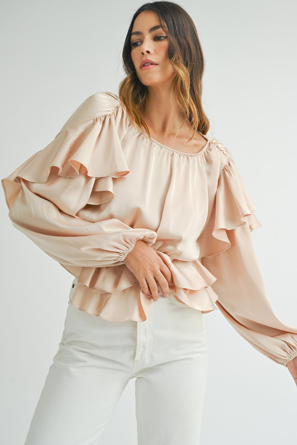 Oatmeal Lace-up Keyhole Back Ruffled Peplum Blouse - Premium Tops/Blouses & Shirts from Ashes 2 Wildflowers Boutique, LLC- Just $33.80! Shop now at Ashes 2 Wildflowers Boutique, LLC