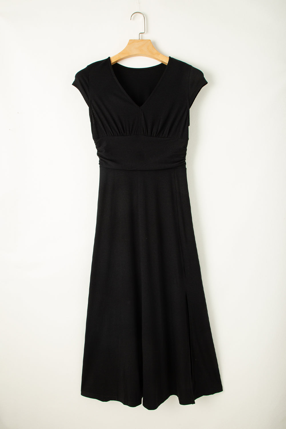 Black Short Sleeve Shirred High Waist V Neck Maxi Dress - Premium Dresses/Maxi Dresses from Momma Done Gone Crafty- Just $26.55! Shop now at Momma Done Gone Crafty