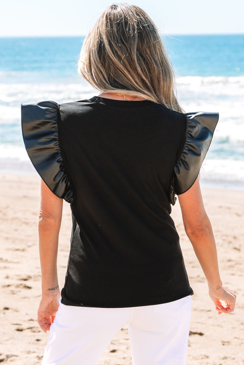 Black Leather Ruffle Sleeve Patchwork Round Neck Blouse - Premium Tops/Blouses & Shirts from Ashes 2 Wildflowers Boutique, LLC- Just $28.10! Shop now at Ashes 2 Wildflowers Boutique, LLC