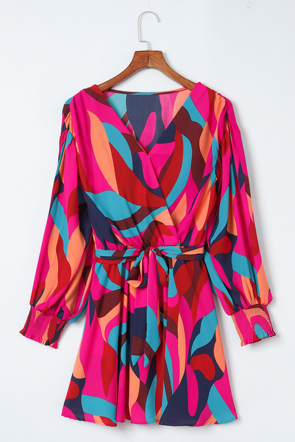 Red Abstract Printed Belted Puff Sleeve Mini Dress - Premium Dresses from Momma Done Gone Crafty- Just $49.94! Shop now at Momma Done Gone Crafty