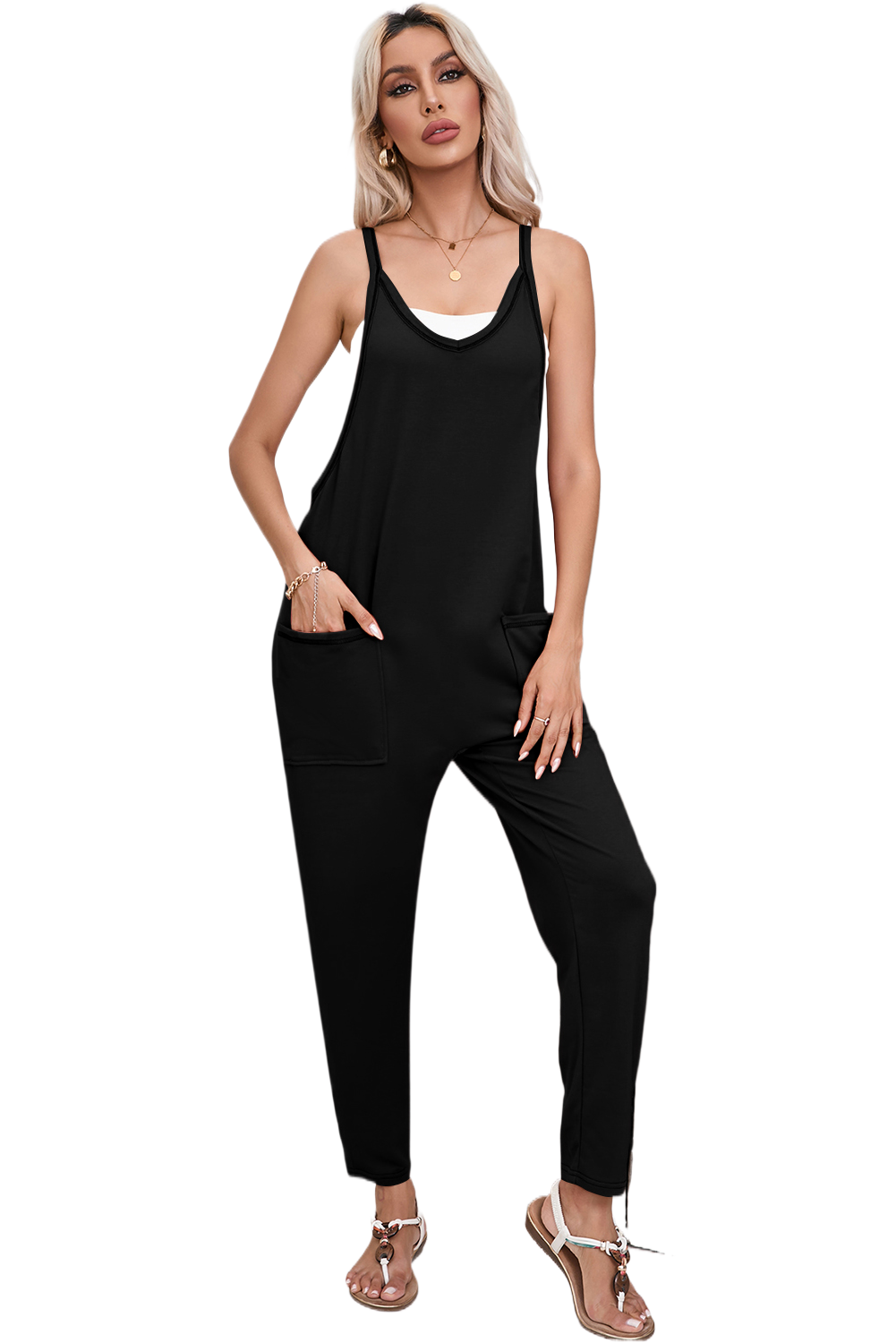 Black Side Pockets Harem Pants Sleeveless V Neck Jumpsuit - Premium Bottoms/Jumpsuits & Rompers from Ashes 2 Wildflowers Boutique, LLC- Just $29.60! Shop now at Ashes 2 Wildflowers Boutique, LLC