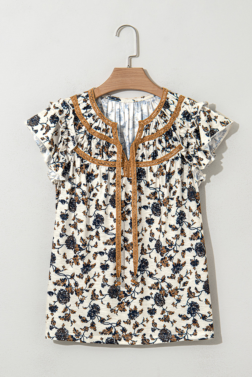 White Floral Frilly Blouse with Lace Up - Premium Tops/Blouses & Shirts from Ashes 2 Wildflowers Boutique, LLC- Just $19.75! Shop now at Ashes 2 Wildflowers Boutique, LLC