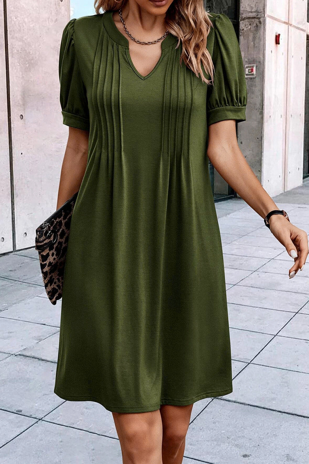 Fern Green Notched Neck Pleated Puff Sleeve Shift T-shirt Dress - Premium Dresses/T Shirt Dresses from Ashes 2 Wildflowers Boutique, LLC- Just $18.03! Shop now at Ashes 2 Wildflowers Boutique, LLC