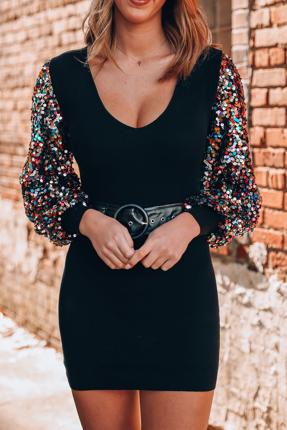 Black Sequin Bishop Sleeve U Neck Mini Sweater Dress - Premium Sweaters & Cardigans/Sweater Dresses from Momma Done Gone Crafty- Just $33.75! Shop now at Momma Done Gone Crafty