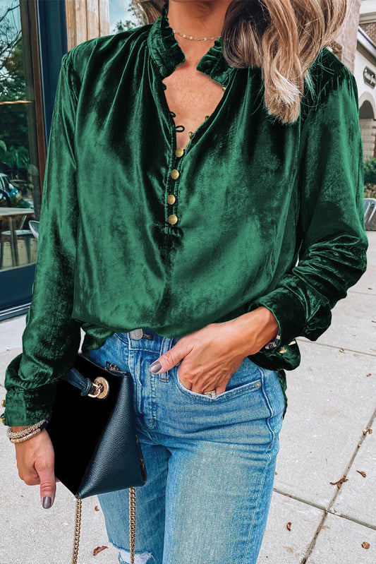 Blackish Green Frilled Neck Buttoned Front Velvet Top - Premium Tops from Momma Done Gone Crafty- Just $40.11! Shop now at Momma Done Gone Crafty