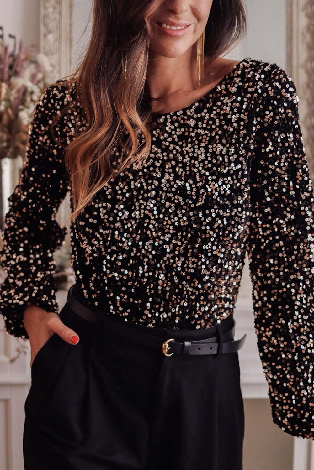 Black Deep V Back Sequin Puff Sleeve Bodysuit - Premium Tops/Bodysuits from Momma Done Gone Crafty- Just $35.85! Shop now at Momma Done Gone Crafty