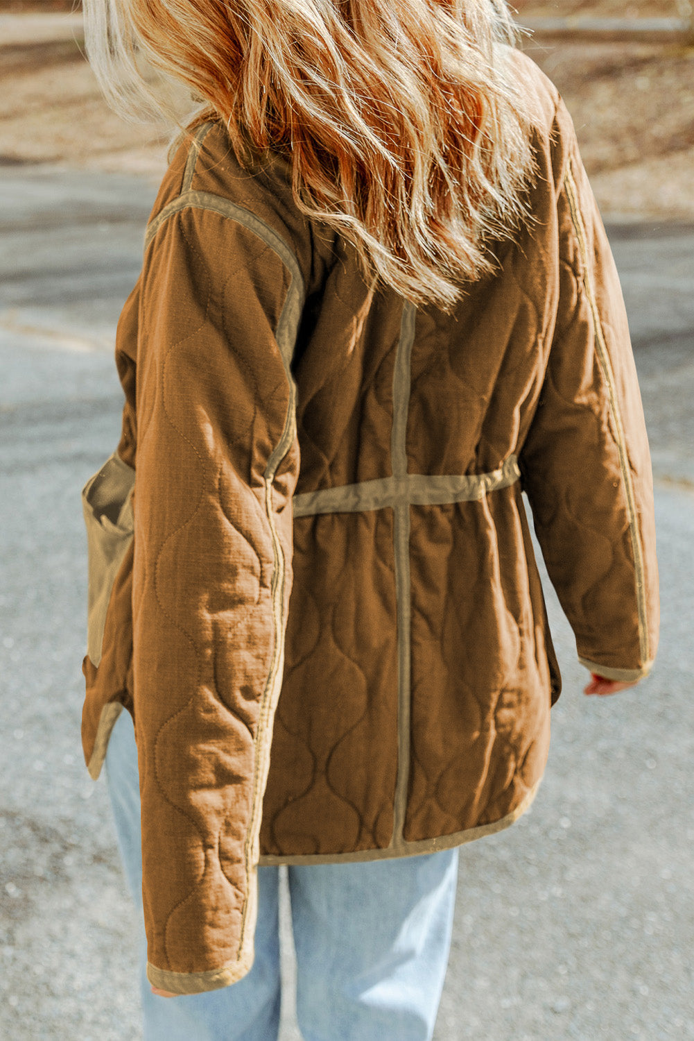 Brown Stitching Quilted Drawstring Jacket - Premium Outerwear from Momma Done Gone Crafty- Just $65.94! Shop now at Momma Done Gone Crafty