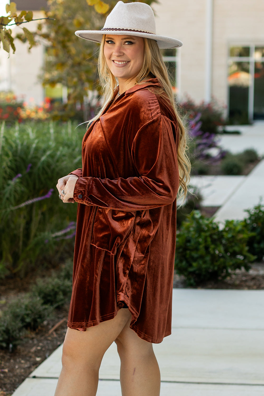 Coffee Plus Size V Neck Collared Pleated Back Rounded Hem Velvet Dress - Premium Plus Size/Plus Size Dresses/Plus Size Mini Dresses from Momma Done Gone Crafty- Just $30.45! Shop now at Momma Done Gone Crafty