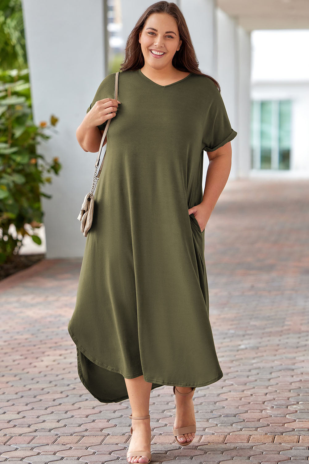 Green Plus Size V Neck Rolled Cuffs Maxi Dress - Premium Plus Size from Momma Done Gone Crafty- Just $35.99! Shop now at Momma Done Gone Crafty