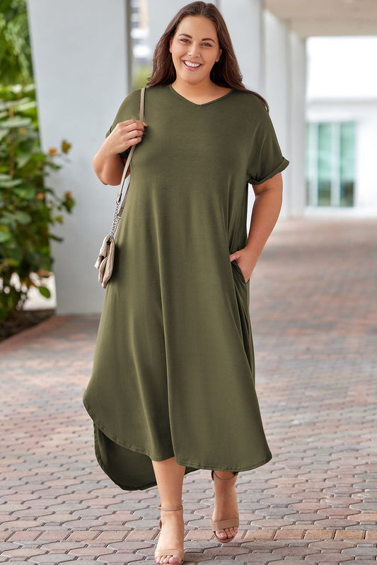 Green Plus Size V Neck Rolled Cuffs Maxi Dress - Premium Plus Size from Momma Done Gone Crafty- Just $35.99! Shop now at Momma Done Gone Crafty