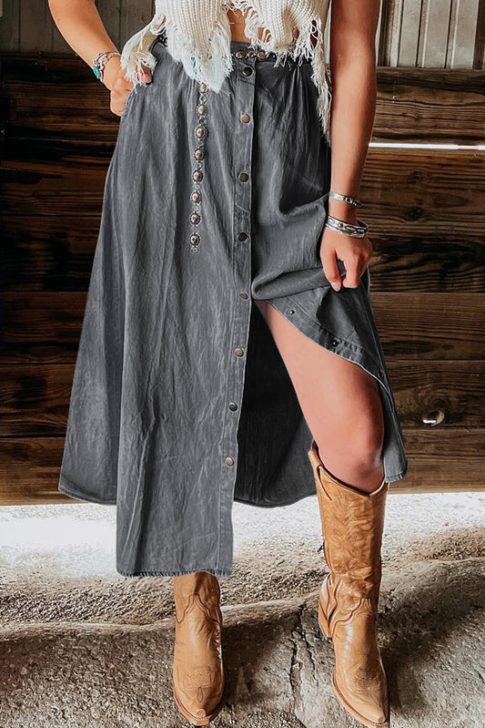 Dark Grey Fully Buttoned Long Denim Skirt - Premium Bottoms/Skirts & Petticoat from Ashes 2 Wildflowers Boutique, LLC- Just $35.40! Shop now at Ashes 2 Wildflowers Boutique, LLC