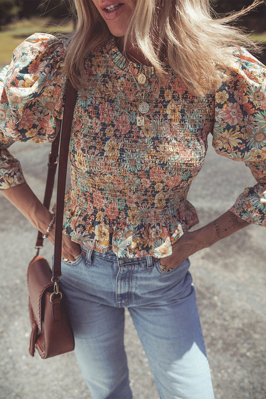 Yellow Floral Print Smocked Bubble Sleeve Ruffled Crop Top - Premium Tops/Blouses & Shirts from Ashes 2 Wildflowers Boutique, LLC- Just $36.43! Shop now at Ashes 2 Wildflowers Boutique, LLC