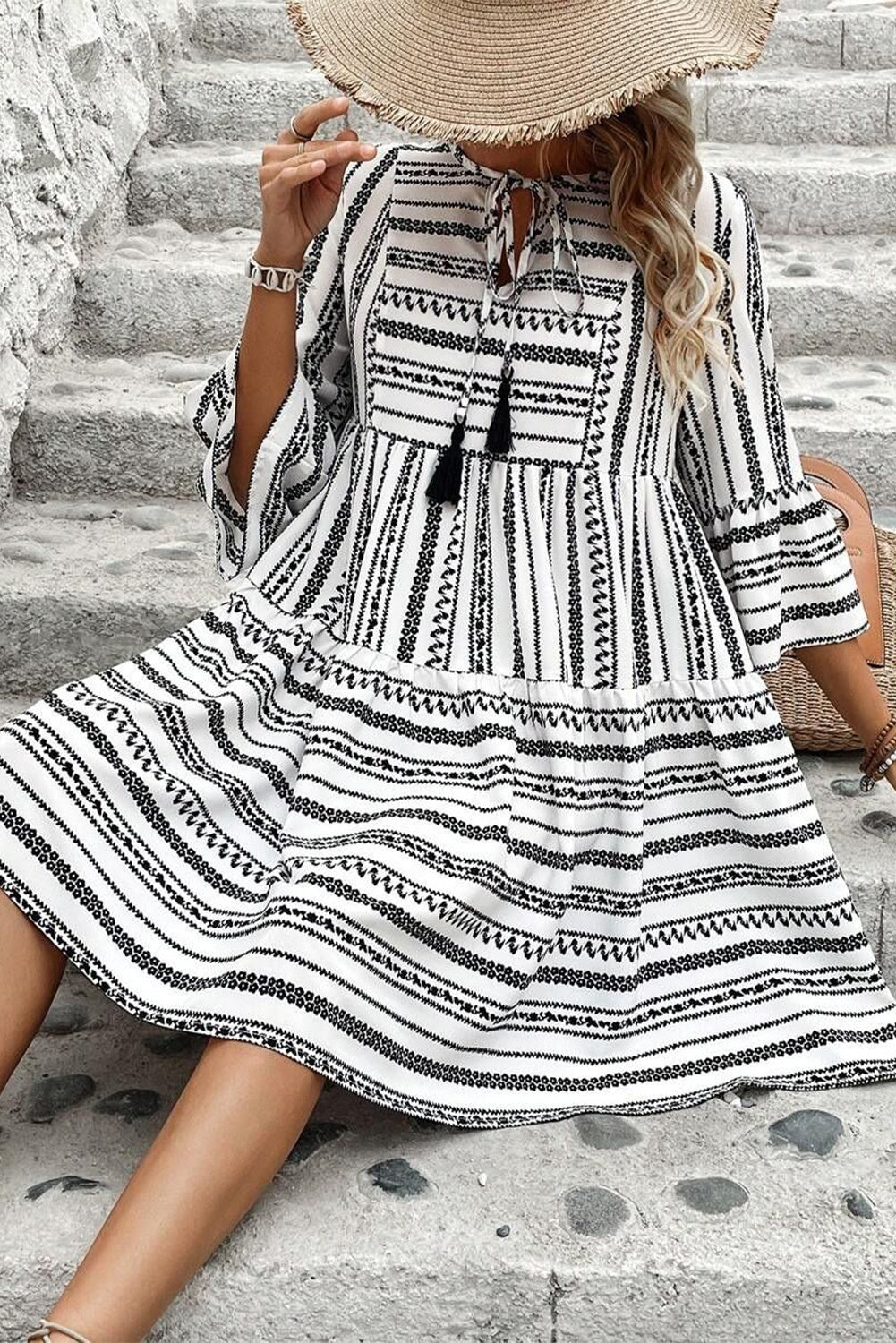 Black Stripe V Neck Bell Sleeve High Waist Mini Dress - Premium Dresses/Mini Dresses from Momma Done Gone Crafty- Just $45.99! Shop now at Momma Done Gone Crafty