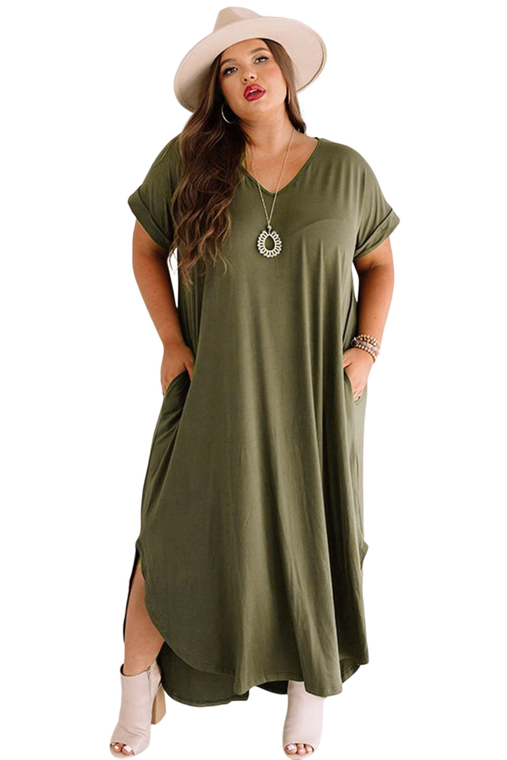 Green Plus Size V Neck Rolled Cuffs Maxi Dress - Premium Plus Size from Momma Done Gone Crafty- Just $35.99! Shop now at Momma Done Gone Crafty