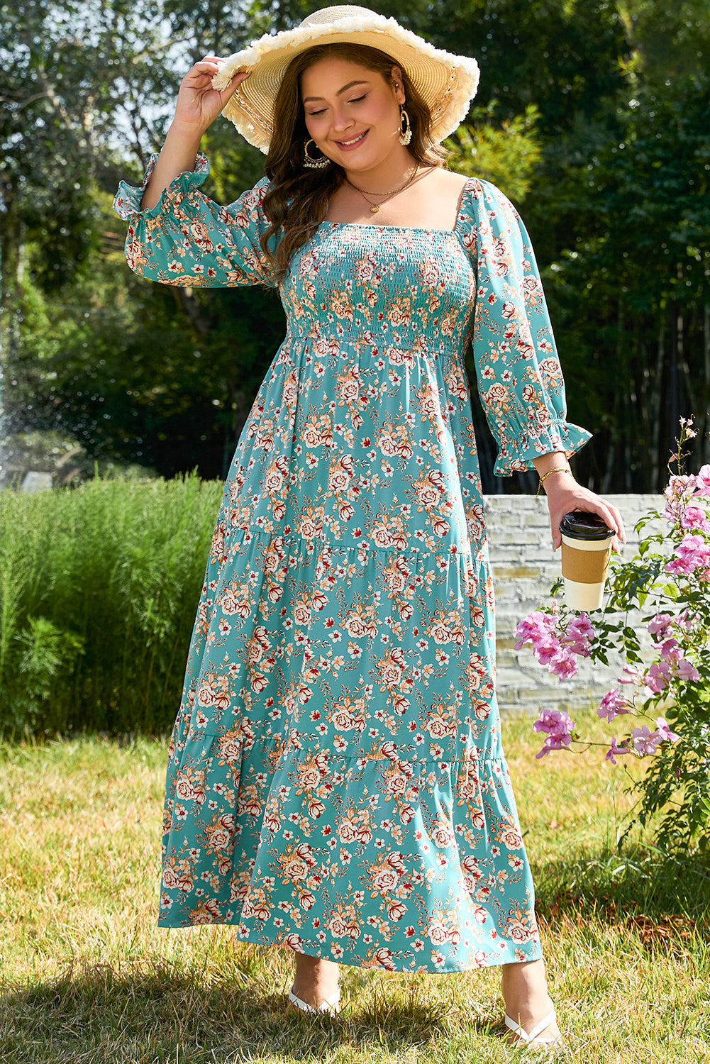 Green Plus Size Floral Print Square Neck Smocked Maxi Dress - Premium Plus Size/Plus Size Dresses/Plus Size Maxi Dresses from Momma Done Gone Crafty- Just $49.95! Shop now at Momma Done Gone Crafty