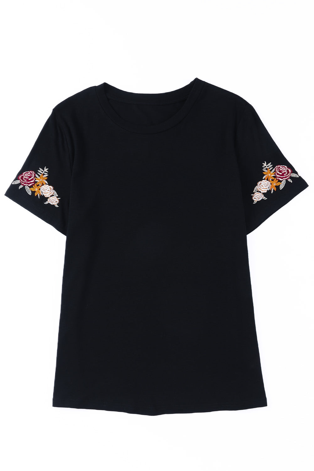 Black Floral Embroidered Round Neck Short Sleeve T Shirt - Premium Tops from Momma Done Gone Crafty- Just $59.70! Shop now at Momma Done Gone Crafty