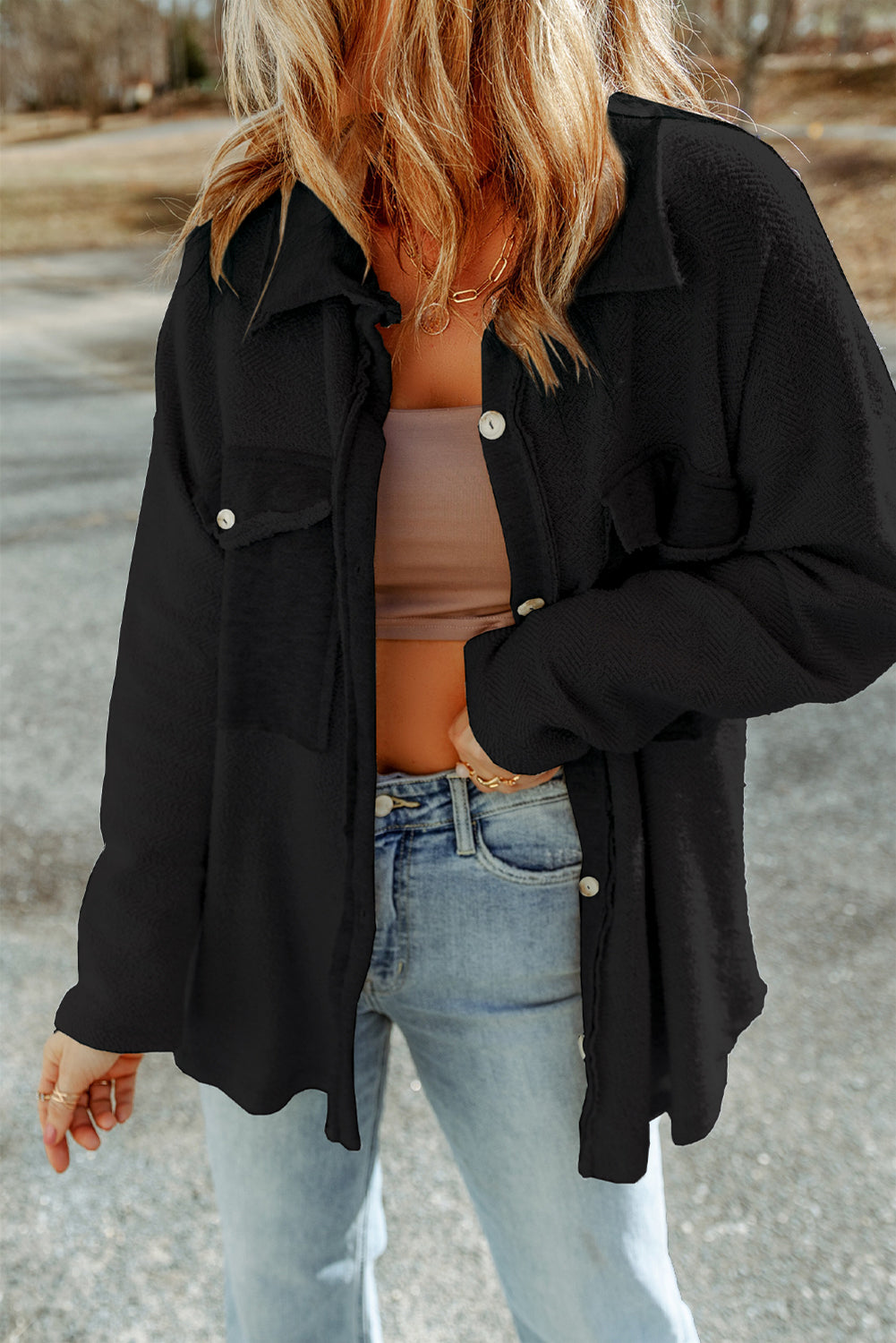 Black Contrast Flap Pockets Relaxed Shacket - Premium Outerwear from Momma Done Gone Crafty- Just $52.80! Shop now at Momma Done Gone Crafty