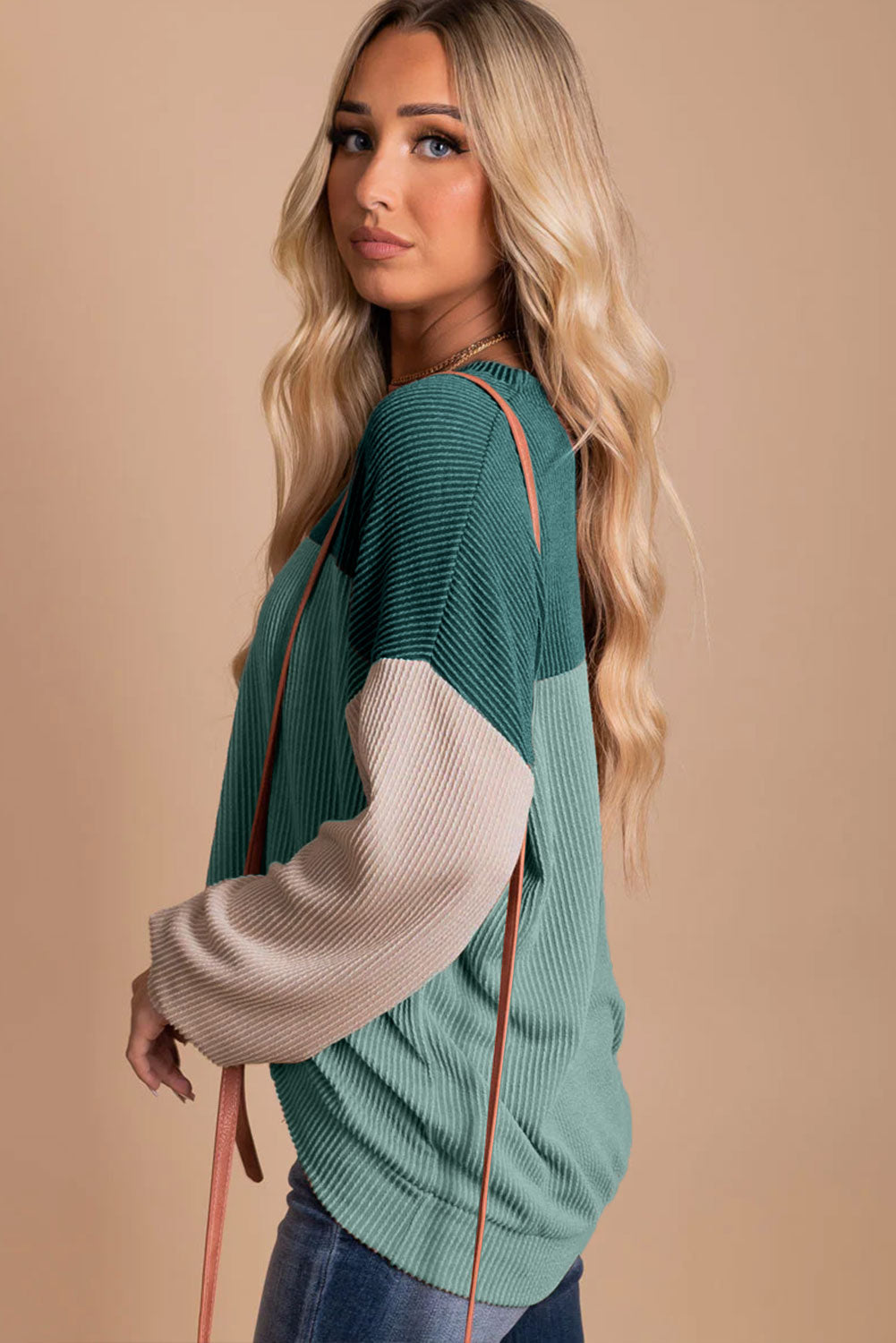 Green Color Block Long Sleeve Ribbed Loose Top - Premium Tops from Momma Done Gone Crafty- Just $37.80! Shop now at Momma Done Gone Crafty