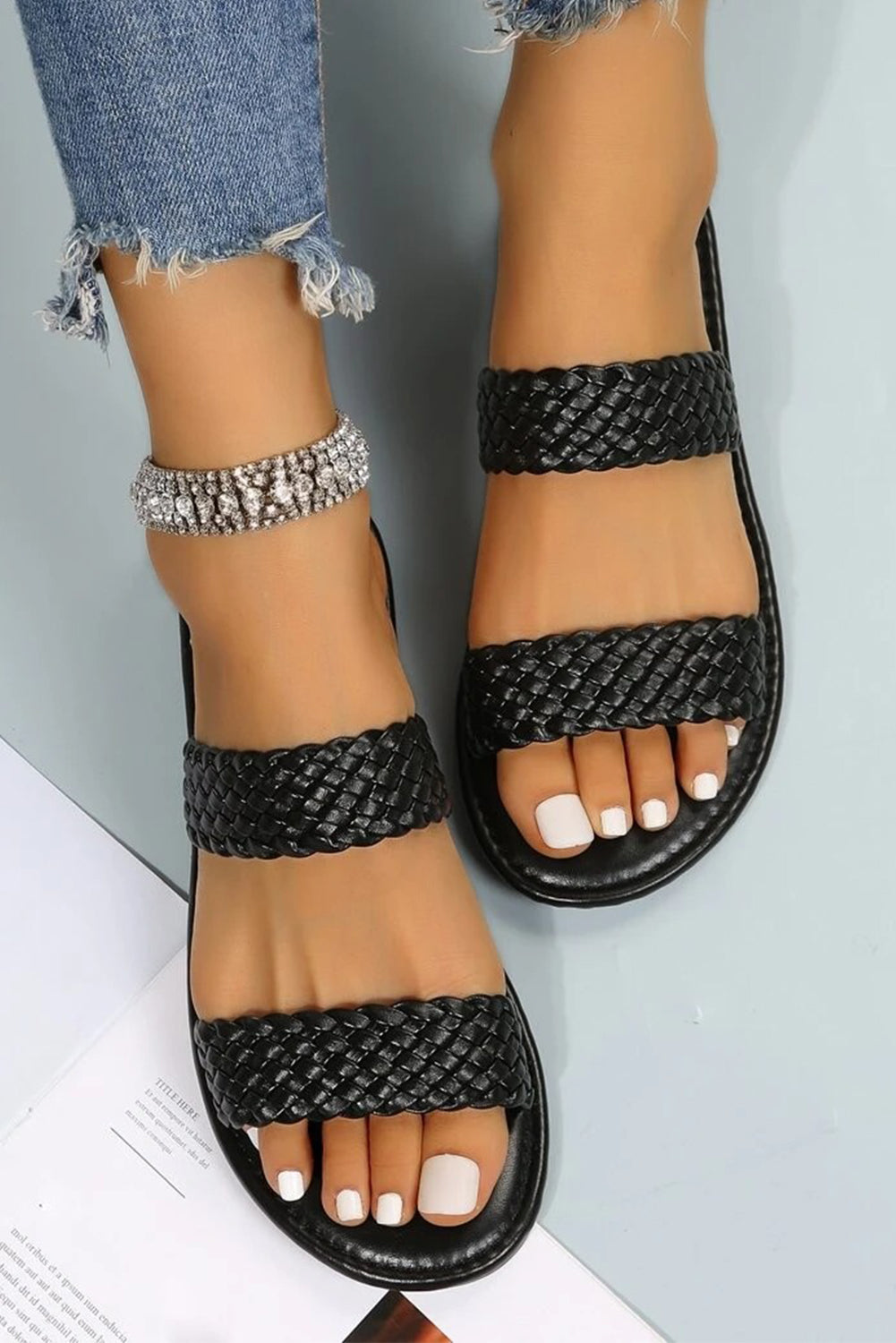 Black Braided Double Band Leathered Flat Slippers - Premium Shoes & Bags/Slippers from Momma Done Gone Crafty- Just $24.99! Shop now at Momma Done Gone Crafty