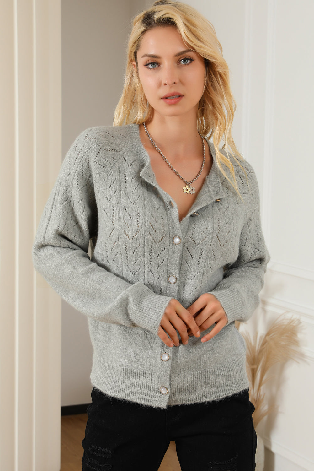 Hollow Out Buttoned Knit Cardigan - Premium Tops from Momma Done Gone Crafty- Just $59.10! Shop now at Momma Done Gone Crafty