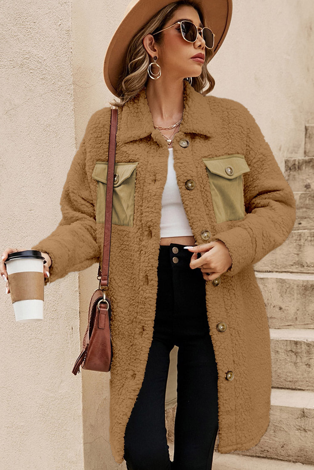 Khaki Contrast Flap Pocket Single Breasted Teddy Coat - Premium Outerwear/Coats from Momma Done Gone Crafty- Just $45.99! Shop now at Momma Done Gone Crafty