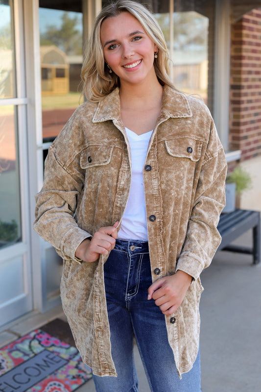 Khaki Vintage Distressed Mineral Wash Oversized Shacket - Premium Outerwear from Momma Done Gone Crafty- Just $61.50! Shop now at Momma Done Gone Crafty