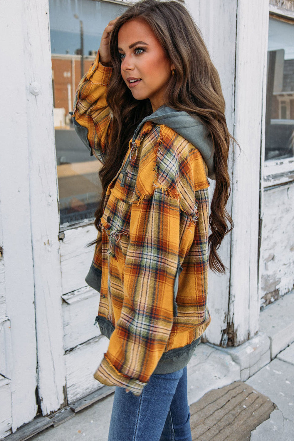 Orange Plaid Patch Hooded Frayed Snap Button Jacket - Premium Outerwear from Momma Done Gone Crafty- Just $52.62! Shop now at Momma Done Gone Crafty
