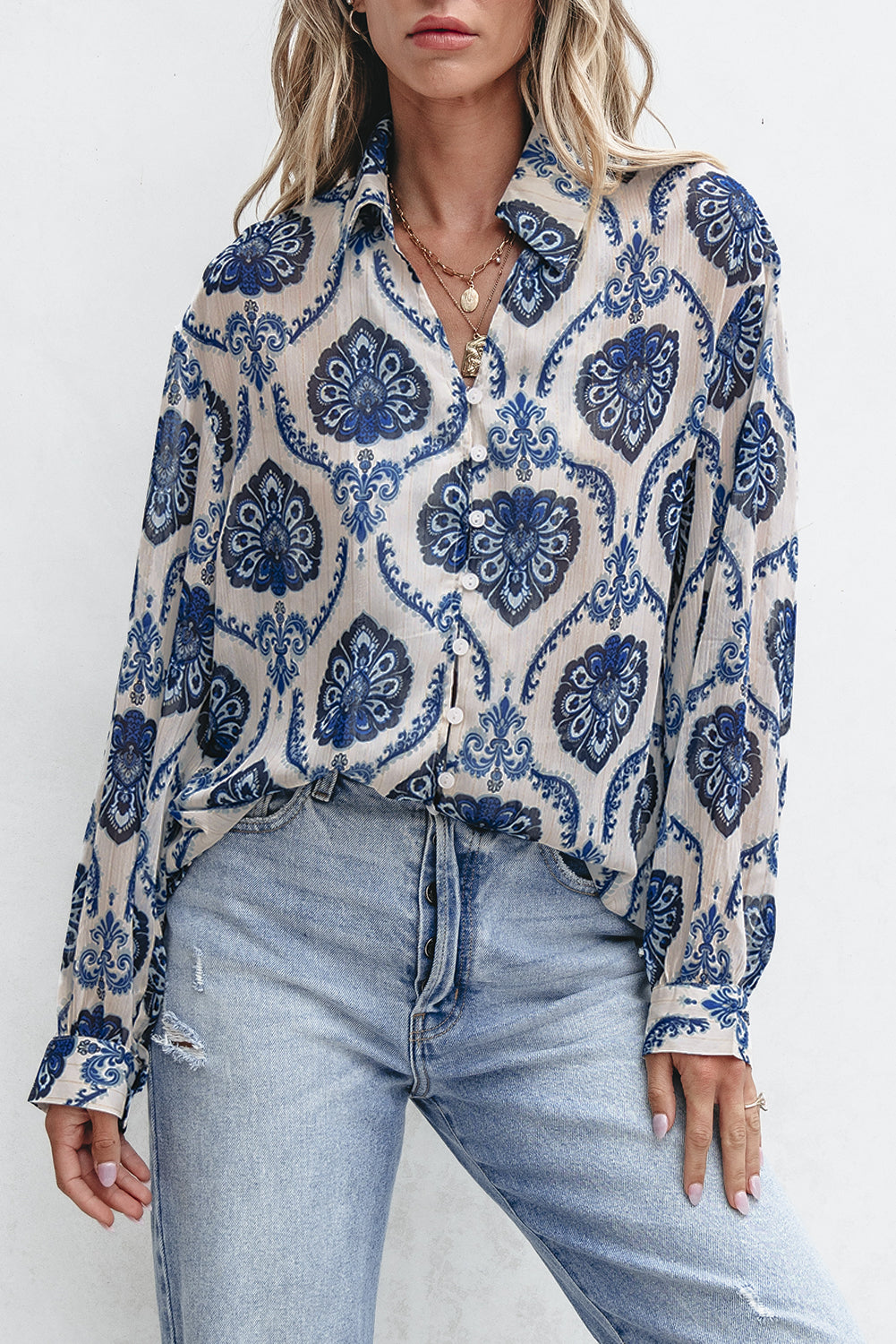 Blue Tribal Pattern Buttoned Front Loose Shirt - Premium Tops/Blouses & Shirts from Ashes 2 Wildflowers Boutique, LLC- Just $23.58! Shop now at Ashes 2 Wildflowers Boutique, LLC