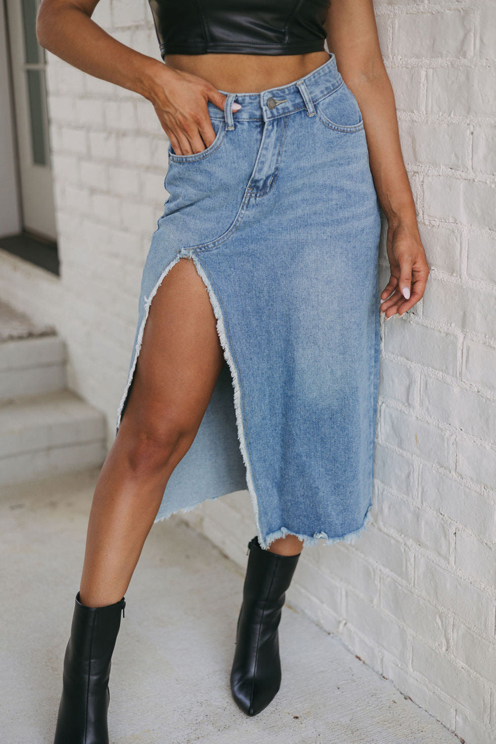 Light Blue Frayed Slit Asymmetric Denim Midi Skirt - Premium Bottoms/Skirts & Petticoat from Ashes 2 Wildflowers Boutique, LLC- Just $31.95! Shop now at Ashes 2 Wildflowers Boutique, LLC