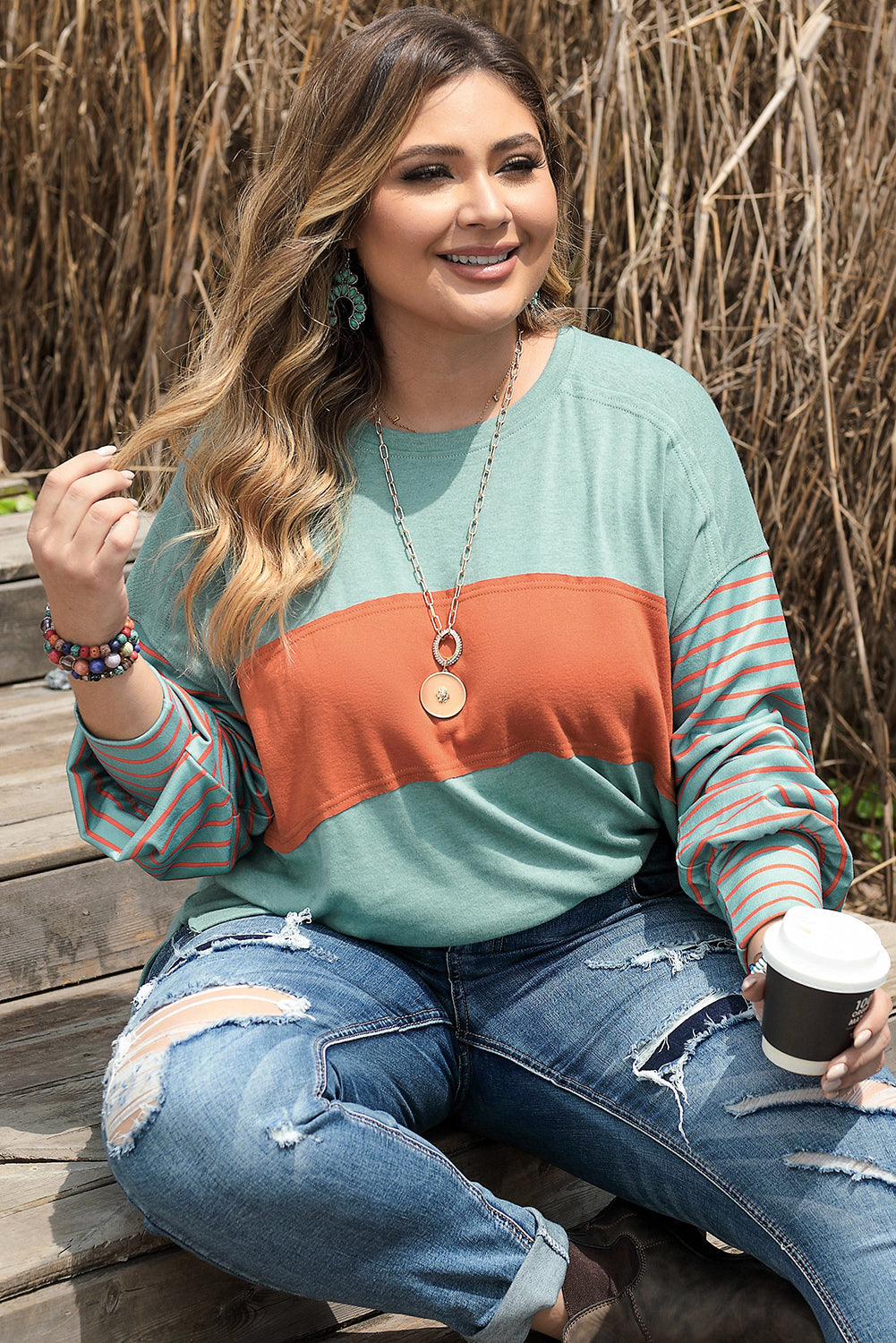 Green Plus Size Striped Long Sleeve Colorblock Tee with Slits - Premium Plus Size from Momma Done Gone Crafty- Just $35.99! Shop now at Momma Done Gone Crafty