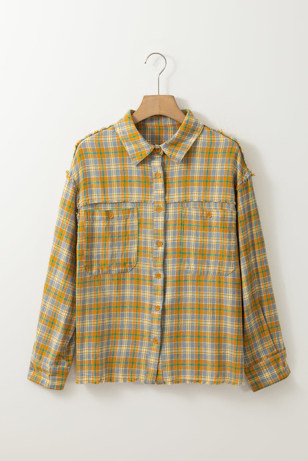 Ginger Plaid Embroidery Patch Button-Down Shacket - Premium Outerwear from Momma Done Gone Crafty- Just $49.65! Shop now at Momma Done Gone Crafty