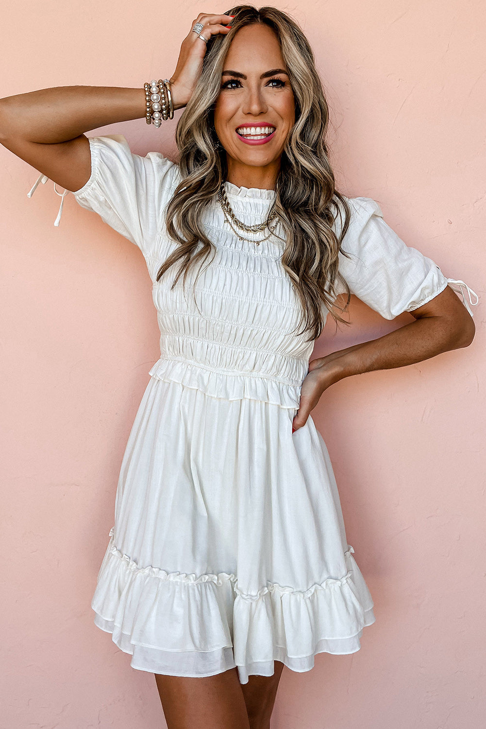 White Tie Short Sleeves Smocked Ruffle Mini Dress - Premium Dresses/Mini Dresses from Momma Done Gone Crafty- Just $42.36! Shop now at Momma Done Gone Crafty