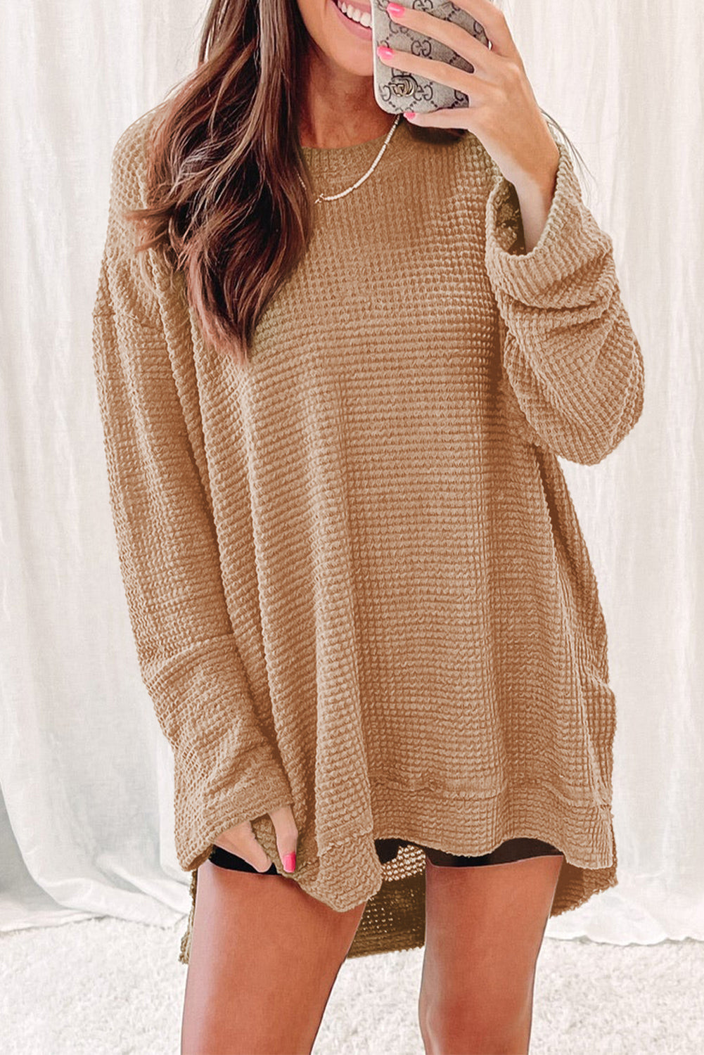 Khaki Waffle Knit High Slits Oversized Top - Premium Tops from Momma Done Gone Crafty- Just $32.97! Shop now at Momma Done Gone Crafty