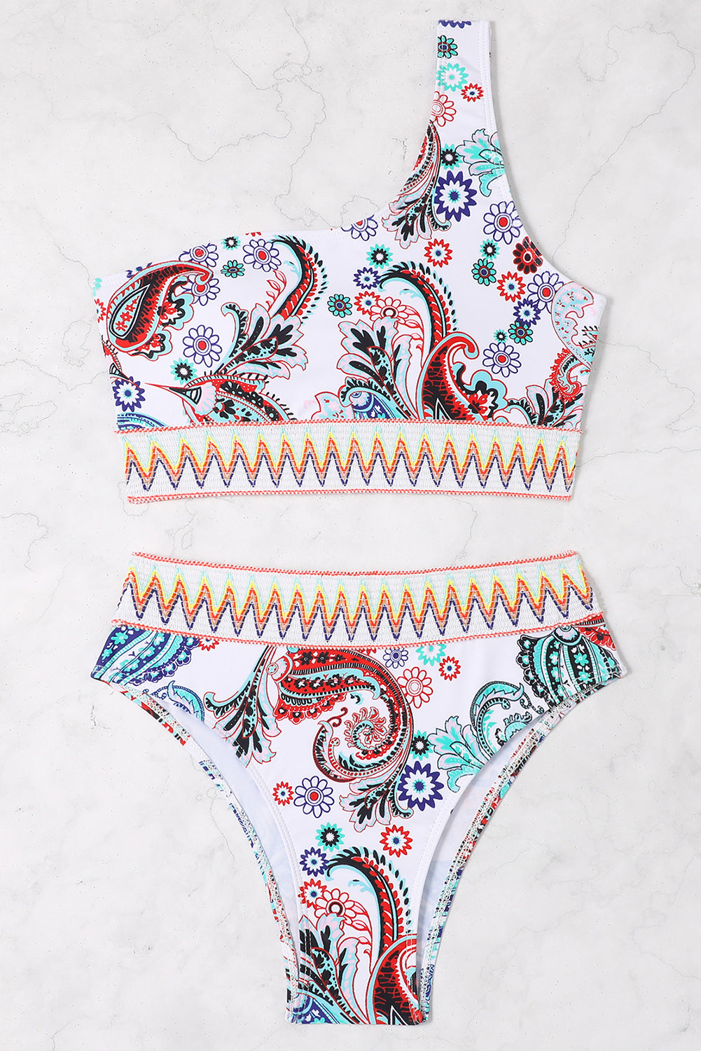 White Boho Paisley Contrast Trimmed One-shoulder Bikini - Premium Swimwear/Bikinis from Ashes 2 Wildflowers Boutique, LLC- Just $19.95! Shop now at Ashes 2 Wildflowers Boutique, LLC