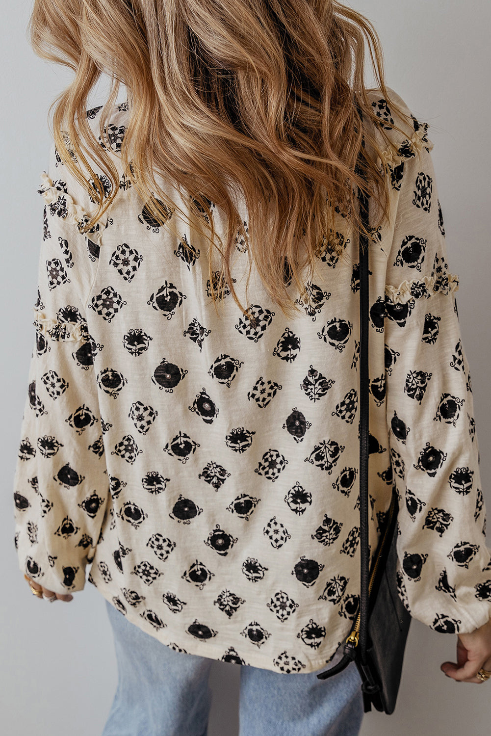 White Printed Split Neck Bubble Sleeve Loose Blouse - Premium Tops/Blouses & Shirts from Ashes 2 Wildflowers Boutique, LLC- Just $19.38! Shop now at Ashes 2 Wildflowers Boutique, LLC