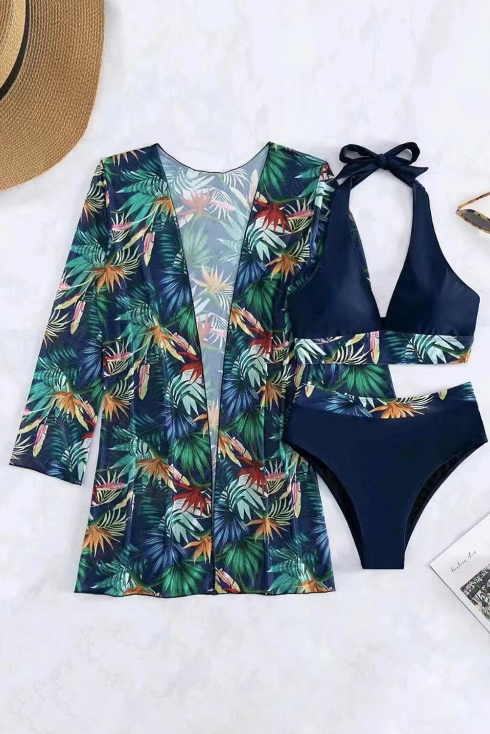 Black 3pcs Tropical Contrast Trim Halter Bikini Set with Cover up - Premium Swimwear/Bikinis from Ashes 2 Wildflowers Boutique, LLC- Just $25.86! Shop now at Ashes 2 Wildflowers Boutique, LLC