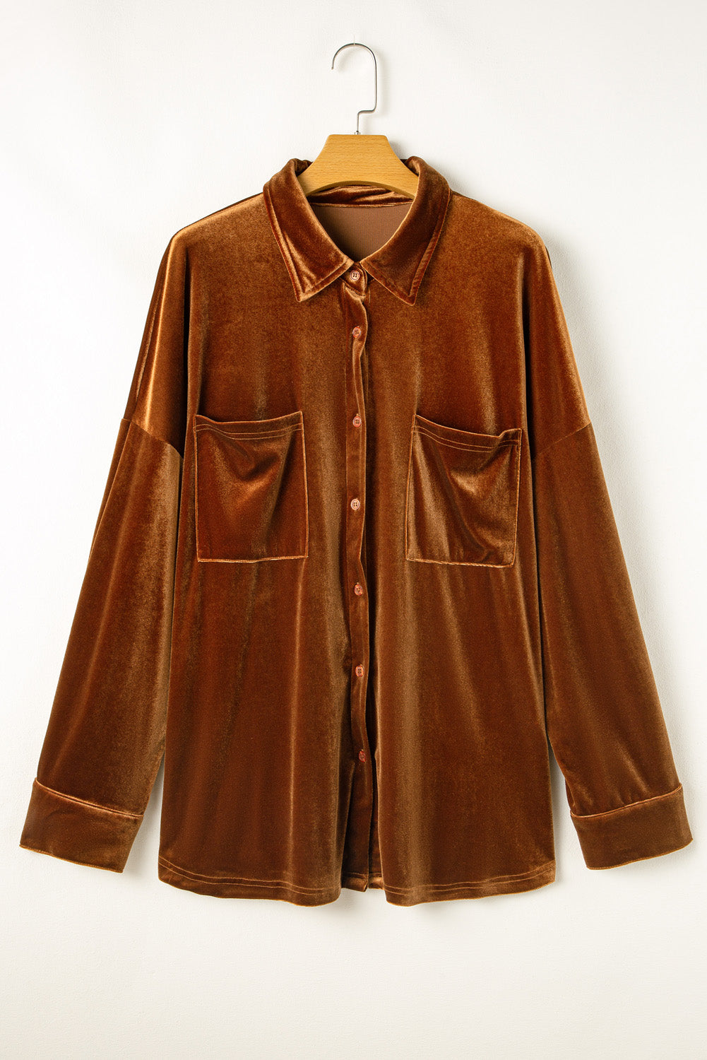 Chestnut Plus Size Velvet Chest Pocket Drop Shoulder Shirt - Premium Plus Size/Plus Size Tops/Plus Size Blouses & Shirts from Momma Done Gone Crafty- Just $31.80! Shop now at Momma Done Gone Crafty