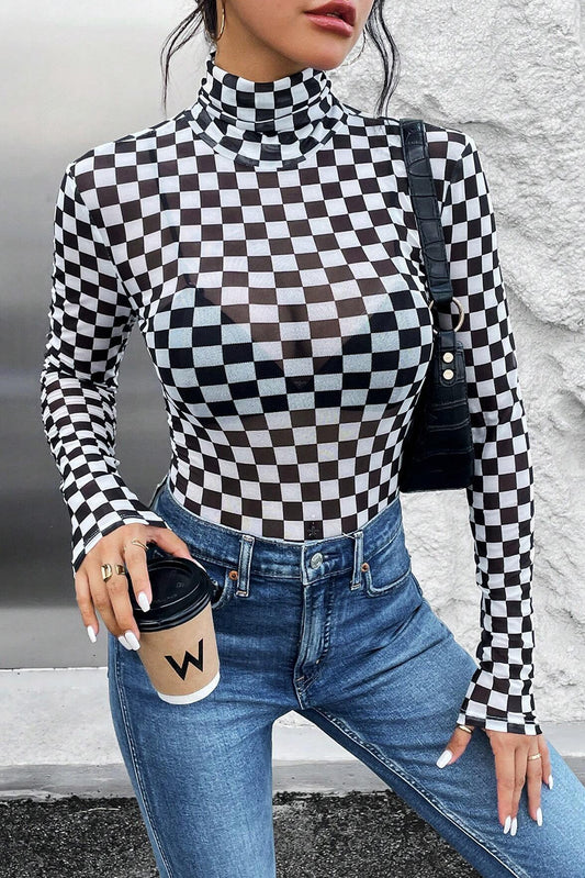 Black Checkered Printed Long Sleeve High Neck Bodysuit - Premium Tops/Bodysuits from Momma Done Gone Crafty- Just $11.70! Shop now at Momma Done Gone Crafty